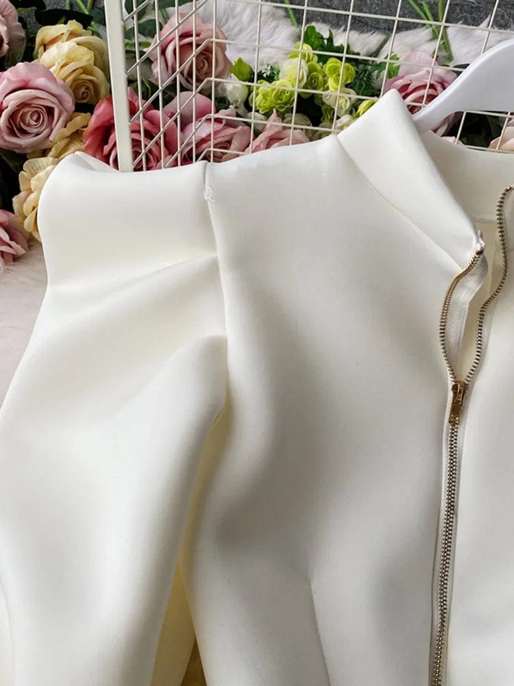 ZEDASTYLE Puff Sleeve Blouse, White, Zipper and Sleeve View